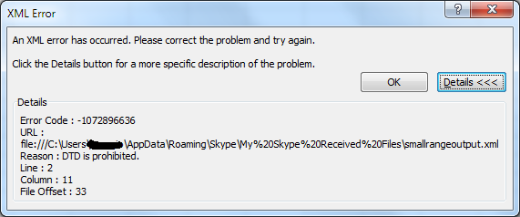Historical Excel error stating that a DTD is prohibited
