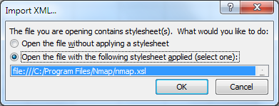 Historical Excel prompt asking whether to apply an XML stylesheet