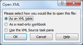 Historical Excel dialog with the As an XML table option
