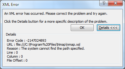 Historical Excel error caused by an unavailable local Nmap stylesheet